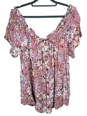Maurices 1X Pink Floral Off-Shoulder Button Front Blouse